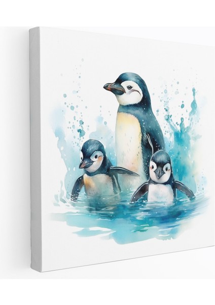 Penguen Duvar Tablosu - Sulu Boya Sevimli Penguen Ailesi - Penguen, Kanvas Tablo, Kristal Berrak Sular, Penguen, 30X30
