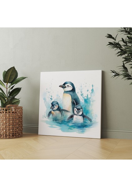 Penguen Duvar Tablosu - Sulu Boya Sevimli Penguen Ailesi - Penguen, Kanvas Tablo, Kristal Berrak Sular, Penguen, 30X30 fiyatları