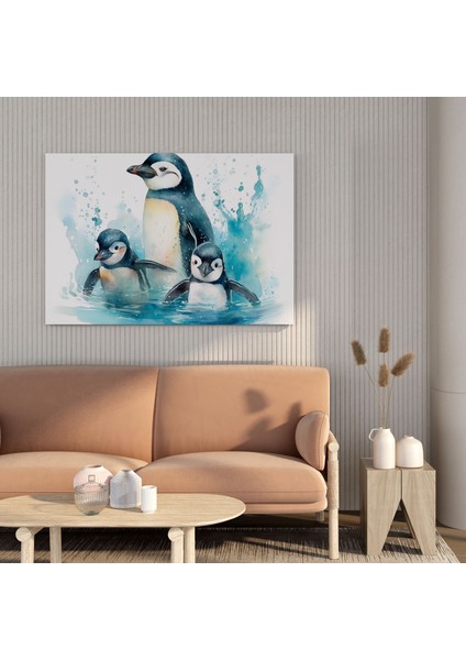 Penguen Duvar Tablosu - Sulu Boya Sevimli Penguen Ailesi - Penguen, Kanvas Tablo, Kristal Berrak Sular, Penguen, 30X30 modelleri