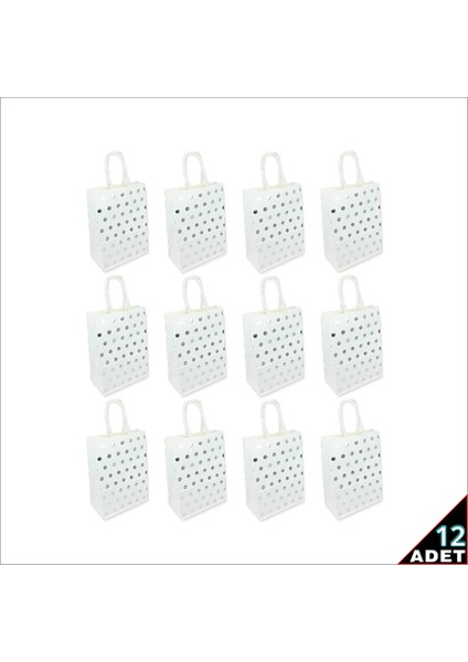 Gümüş Puanlı Beyaz Karton Çanta, 21 x 15 x 8 cm - 12 Adet fiyatları
