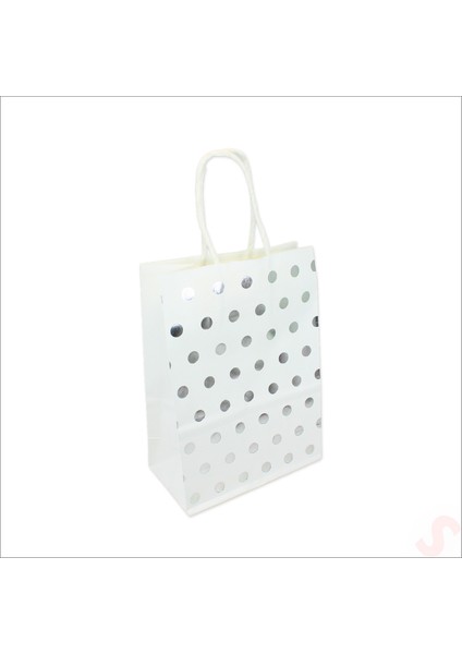 Gümüş Puanlı Beyaz Karton Çanta, 21 x 15 x 8 cm - 12 Adet fırsatları