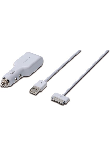 USB Araç Içi Çakmaklık Şarj Adaptörü ve Şarj Kablosu, 1 x USB Port, Giriş: 12-24V Çıkış: 5V + Apple 30PIN Erkek - USB A Erkek Kablo, 1 Metre