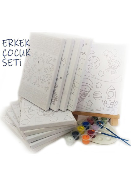 Erkek Çocuk Ressam Seti 10'lu - 20 x 20 cm Önçizimli Tuval, 2 Ad. Fırça, Palet, Boyalar ve Şövale