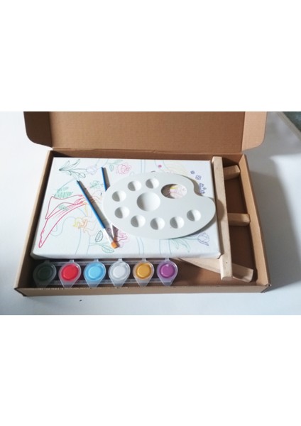 Erkek Çocuk Ressam Seti 10'lu - 20 x 20 cm Önçizimli Tuval, 2 Ad. Fırça, Palet, Boyalar ve Şövale