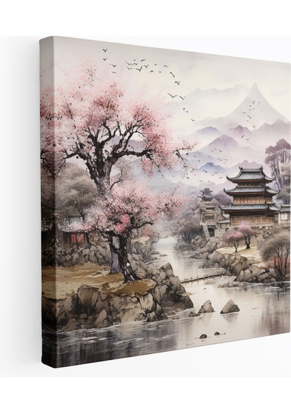 Kiraz Çiçeği Köyü Mürekkebi Kanvas Tablo - Köy, Kanvas Tablo, Huzur, Mürekkep Tablo, 30X30