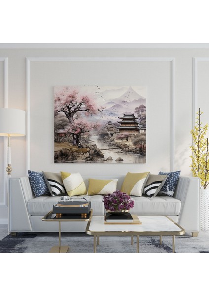 Kiraz Çiçeği Köyü Mürekkebi Kanvas Tablo - Köy, Kanvas Tablo, Huzur, Mürekkep Tablo, 30X30 fiyatları