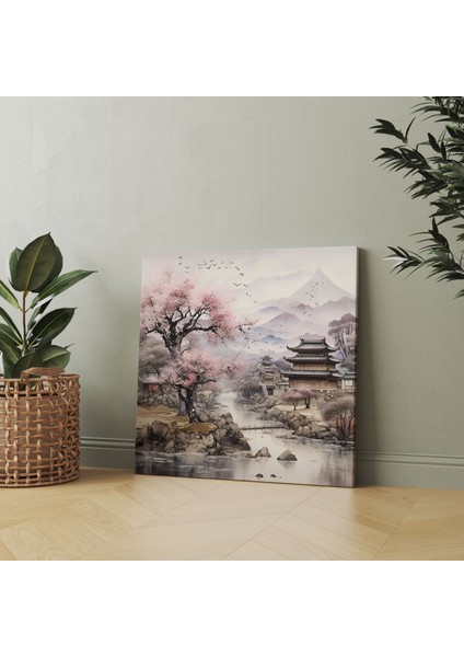 Kiraz Çiçeği Köyü Mürekkebi Kanvas Tablo - Köy, Kanvas Tablo, Huzur, Mürekkep Tablo, 30X30 modelleri