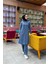 Kapşonlu Düğmeli Sade Basic Uzun Tunik ve Pantolon Ikili Spor Takım - 03072 - Indigo 3