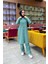 Kapşonlu Düğmeli Sade Basic Uzun Tunik ve Pantolon Ikili Spor Takım - 03072 - Çağla Yeşili 2