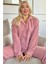 Pembe Punt Desenli Önden Düğmeli Peluş Polar Pijama Takımı 1