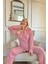 Pembe Punt Desenli Önden Düğmeli Peluş Polar Pijama Takımı 2
