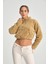 Kahve Yarım Fermuar Uzun Kollu Kadın Peluş Sweatshirt 2