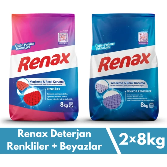 Renax Toz Çamaşır Deterjanı 8 kg 2'li Paket (Renkliler + Beyazlar)