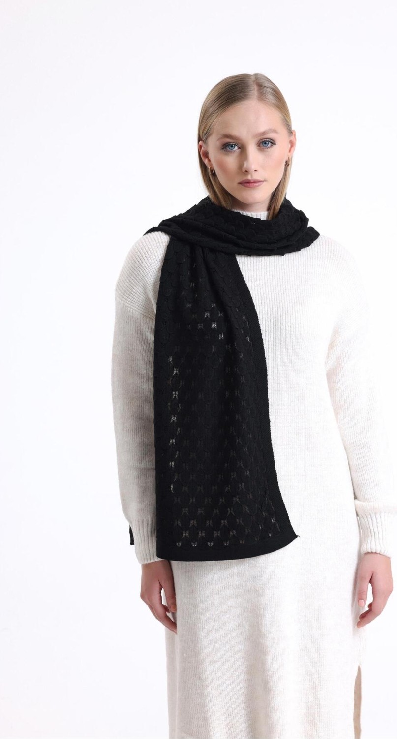 T Crazy Knitwear Ajur Desenli Atkı, Kışlık Yumuşak Dokulu Kaşkol, Triko Örme Atkı - Siyah