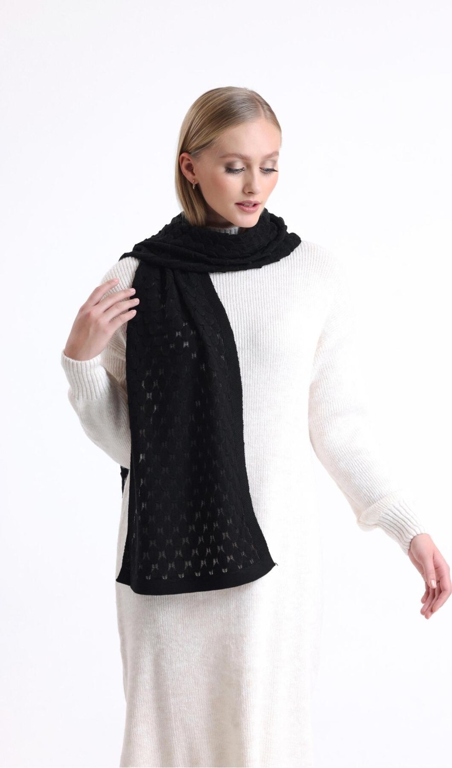 T Crazy Knitwear Ajur Desenli Atkı, Kışlık Yumuşak Dokulu Kaşkol, Triko Örme Atkı - Siyah görsel 3