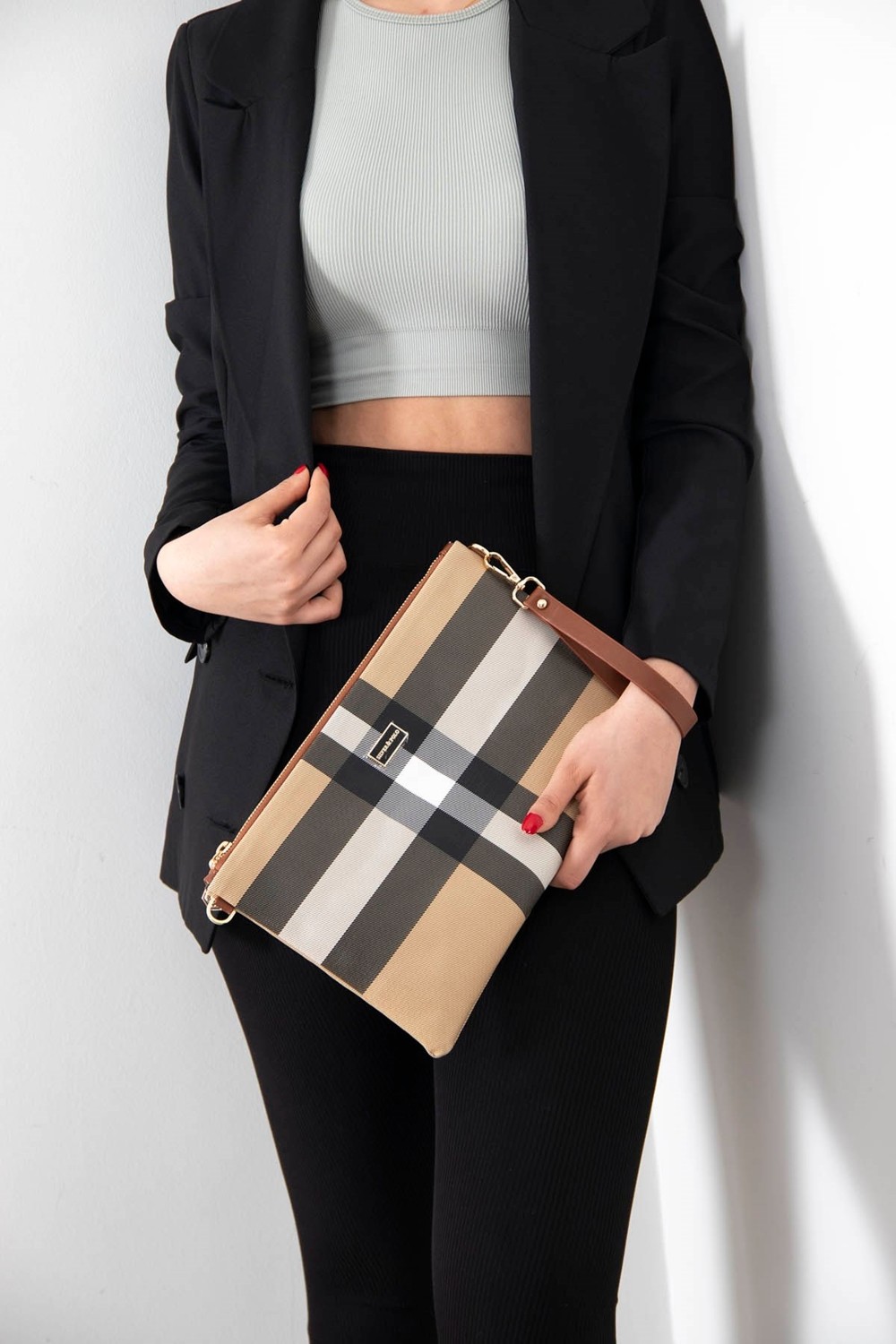 Silver & Polo Silver Polo Mavi - Kemik Ekose Kadın Portföy ve Clutch El Çantası SP1034 görsel 7