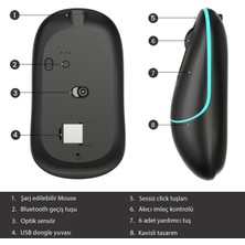 Lecoo  WS210 Dual Mod RGB 2.4GHz WiFi+ Bluetooth 1600DPI 6 Tuşlu Şarjlı Sessiz Kompakt Kablosuz Optik Mouse Siyah