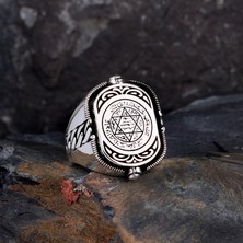 Tesbih Sepetim Hz Süleyman Mührü Zirkon Taşlı Çift Taraflı Gümüş Yüzük