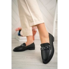 Aymood  Kadın Siyah Cilt Tokalı Kalın Taban PU Deri Günlük Klasik Topuklu Loafer Makosen Ayakkabı
