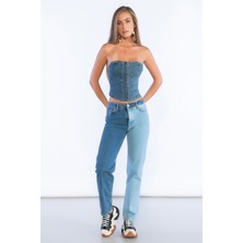Bpf Mavi Yüksek Bel Çift Renk Detaylı Mom Jeans