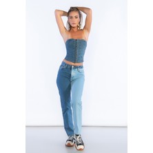Bpf Mavi Yüksek Bel Çift Renk Detaylı Mom Jeans