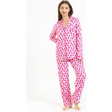 Villager & Son Vs Bayan Desenli Pamuk Saten U.kol Pijama Takım Pembe/fuşya Kalpli