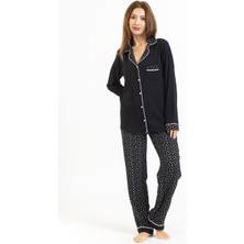 Villager & Son Vs Bayan Desenli Pamuk Saten U.kol Pijama Takım Siyah/altı Puanlı