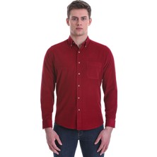 Hatemoğlu Bordo Slim Fit Düz 100% Pamuklu Düğmeli Yaka Uzun Kollu Klasik Gömlek