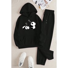 Trendypassion Only Trendwear Unisex Uykucu Panda Baskılı Eşofman Takımı Siyah Yumuşak Pamuklu Mevsimlik