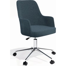 HAUSEBOX Louis Silinebilir Keten Kumaş - Ofis Çalışma Koltuğu & Sandalyesi (Okyanus Mavi/Krom Metal Ayak)