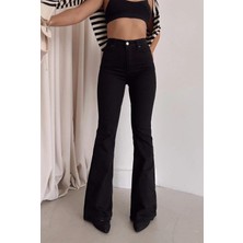 Geenz Vanessa Yüksek Bel Likralı Simsiyah Ispanyol Flare Jeans Pantolon