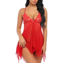 Norn Fashion Seksi Kirmizi Tül Dantel Babydoll Gecelik 15507