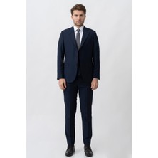 White Stone Lacivert Slim Fit Yelekli Kapaklı Cepli Premium Takım Elbise