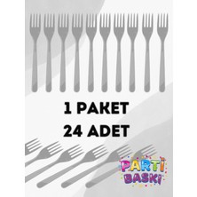 Parti Baskı 1 Paket 24 Adet Gümüş Gri Plastik Çatal - Doğum Günü Parti Çatalı