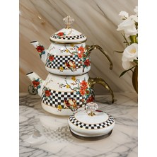 Çift Kapak Çiçekli Dama Emaye Çaydanlık Takımı, Gold Saplı Emaye Çaydanlık