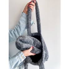 Anı Home Gri Kırçıllı Siyah Astarlı Teddy Omuz Çantası ve Makyaj Çantası Çanta Içi Organizeri