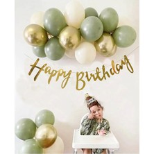 7 Küf Yeşili 3 Krom Gold 3 Kum Beji Rengi Pastel Balon Gold Happy Birthday Banner Zincir Balon Seti