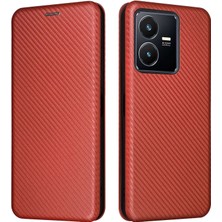 Xshop Vivo Y22S 4g / Y35 4g (2022) Manyetik Otomatik Emici Karbon Fiber Doku Pu Deri Telefon Kasa Kartı Yuva Tasarımı Damla Geçirmez Stand Kapağı (Yurt Dışından)