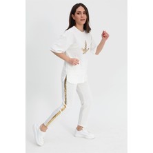 Serdem Takım Eteği Çimalı Kuş Baskılı Beli Lastikli T-Shirt Pantolon - Ekru