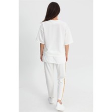 Serdem Takım Eteği Çimalı Kuş Baskılı Beli Lastikli T-Shirt Pantolon - Ekru