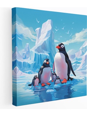 Painted Anarchy Penguen Kanvas Tablo - Buz Dağında Karikatür Penguen Ailesi - Penguen, Penguen Kanvas Tablo, Karikatür Penguen, Ev Dekorasyonu, 30X30