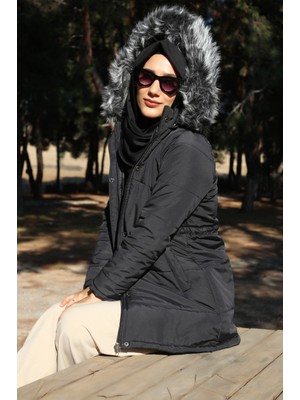 1Tarz Kışlık Yaka Kürklü Uzun Kadın Şişme Tesettür Mont