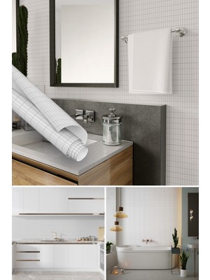 Dekoros Beyaz Porselen Görünümlü Mozaik Desenli Yapışkanlı Folyo, Mutfak, Tezgah, Masa, Dolap Kaplama Folyosu, Isıya Dayanıklı, Su Geçirmez, Yapışkan Folyolar, Sticker, Büyük Ebatlı, Dekoros