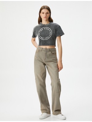 Koton Crop Tişört Baskılı Bisiklet Yaka Kısa Kollu Soluk Efektli