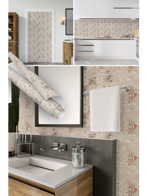 Dekoros Fildişi Rengi Fayans Görünümlü Kendinden Desenli Yapışkanlı Folyo, Mutfak, Tezgah, Masa, Dolap Kaplama Folyosu, Isıya Dayanıklı, Su Geçirmez, Yapışkan Folyolar, Sticker, Büyük Ebatlı, Dekoros