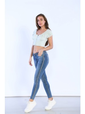 Bpf Mavi Yüksek Bel Yandan Şerit Detaylı Skinny Jeans