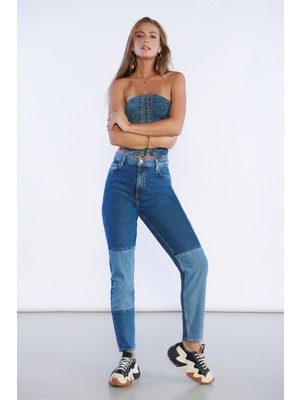 Bpf Lacivert Yüksek Bel Yama Detaylı Mom Jeans