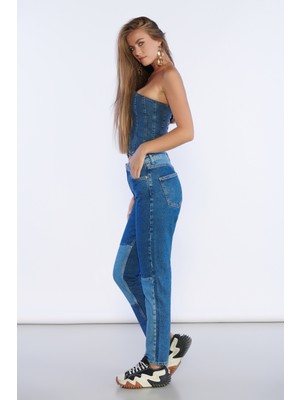 Bpf Lacivert Yüksek Bel Yama Detaylı Mom Jeans