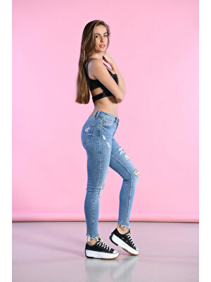 Bpf Mavi Düşük Bel Diz ve Paça Lazer Detaylı Skinny Jeans