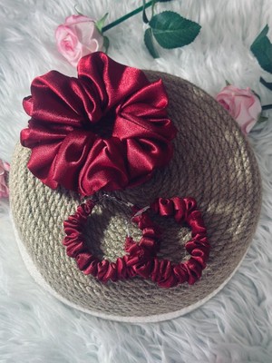 Gigi Bordo Scrunchie Toka ve Küpe Set